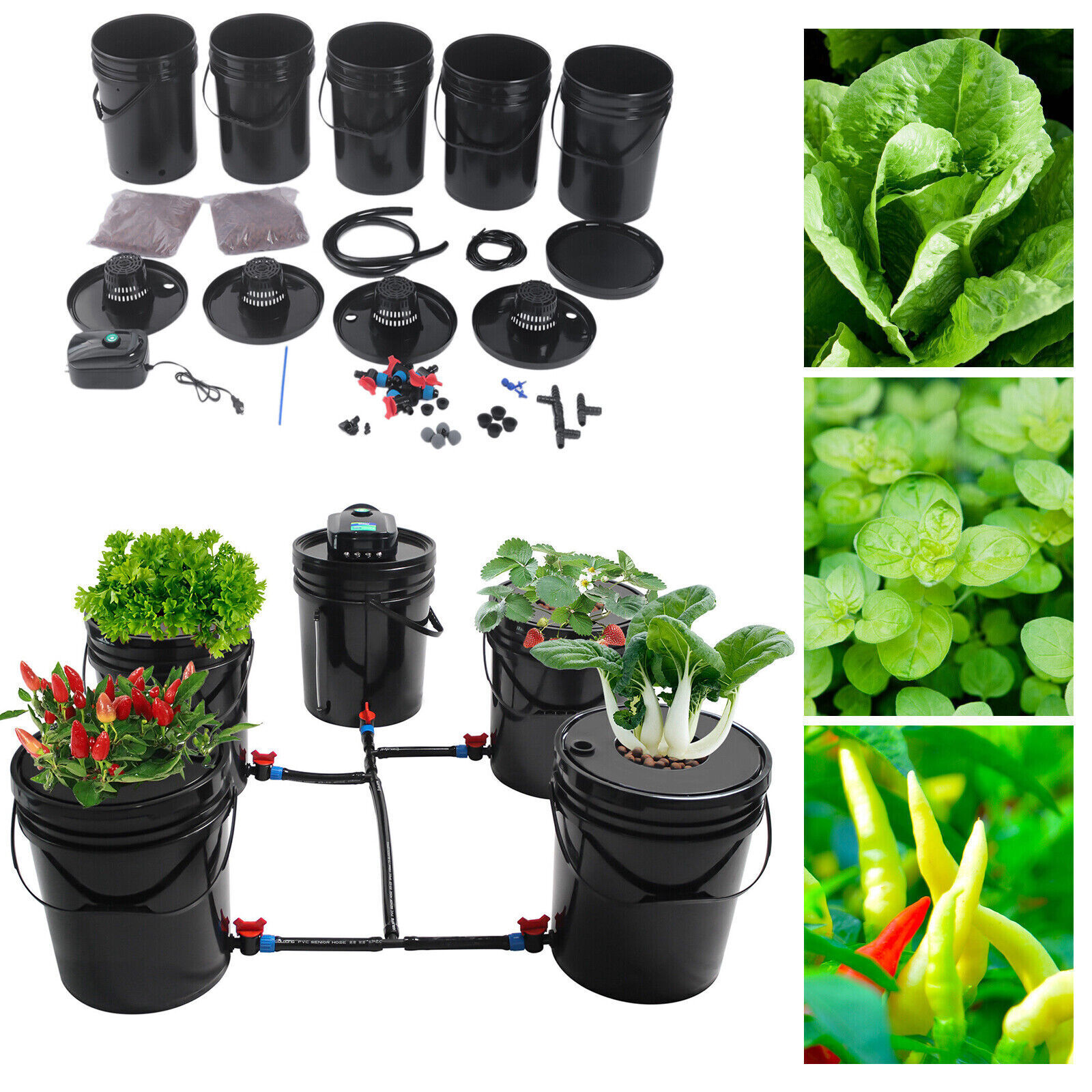 Set of 5 Deep Water 5 Gallon Culture DWC Hydroponic Grow System Kit Round Bucket