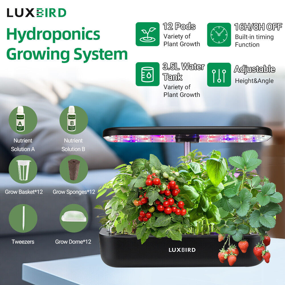12 Pods Hydroponics Growing System Indoor Herb Garden Kit Timer LED Grow Light