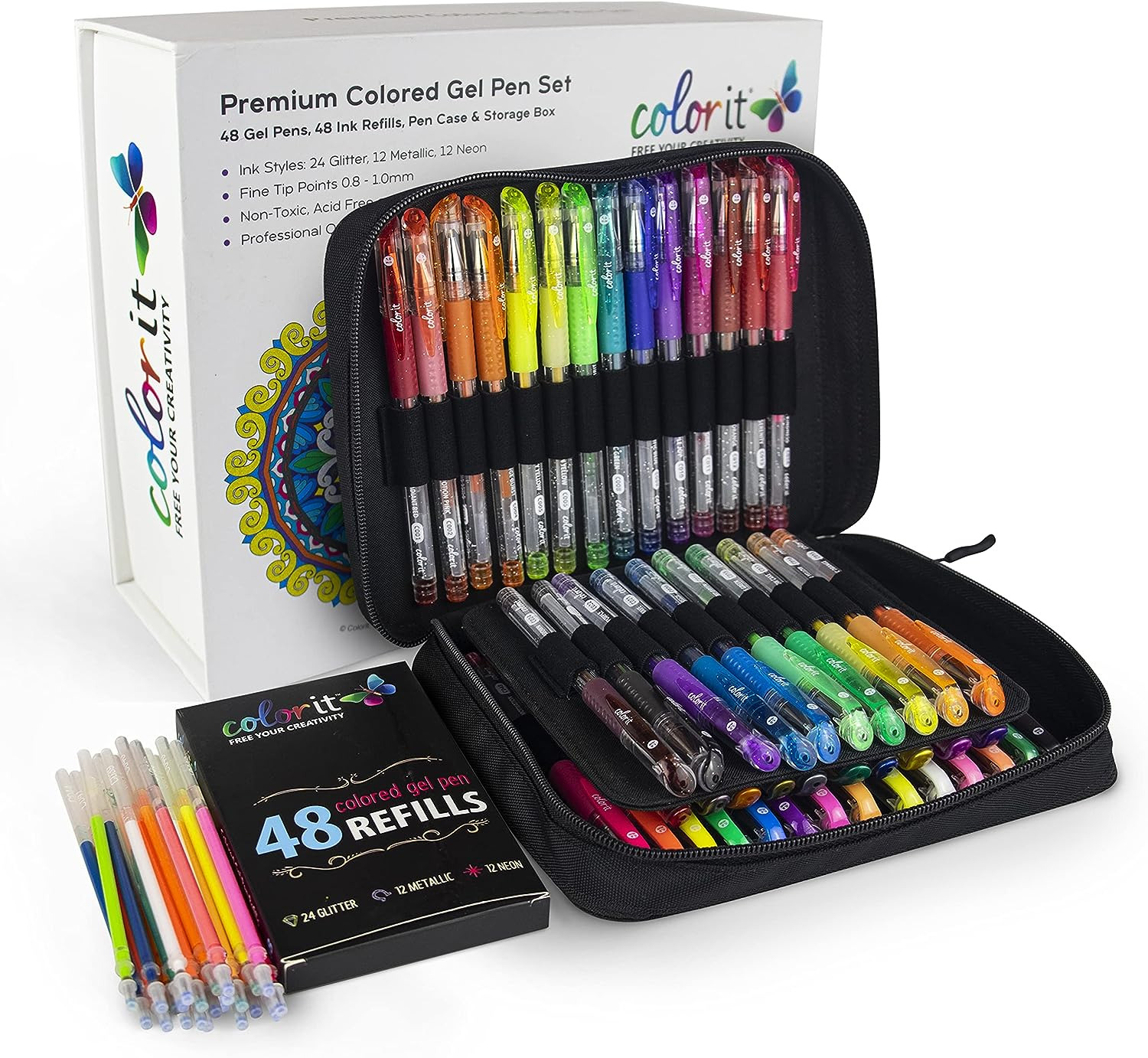 ColorIt Glitter Gel Pens For Adult Coloring Books 96 Pack - 48 Premium Quality G