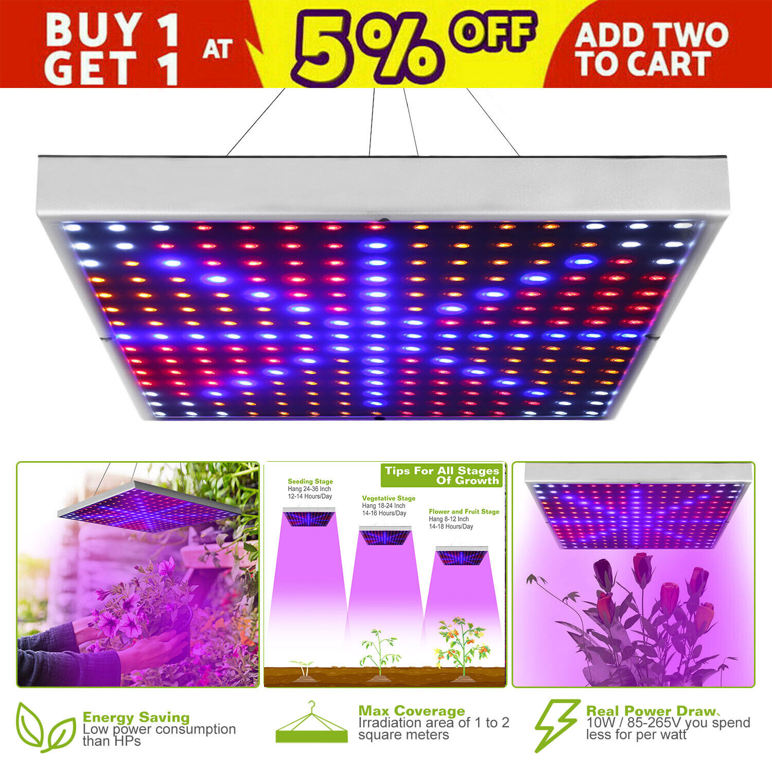 225 LED Grow Light Full Spectrum Indoor Hydroponic Veg Flower Plant Lamp Panel