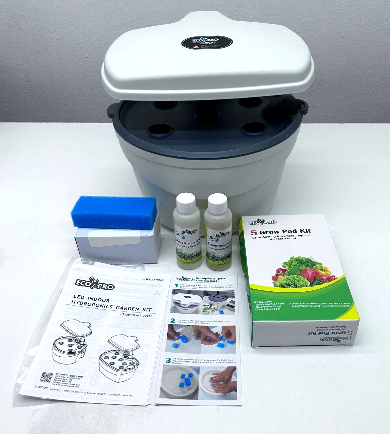 EcoPro Tools LED Indoor Hydroponics Grower Kit 5 Pod System, Ivory White