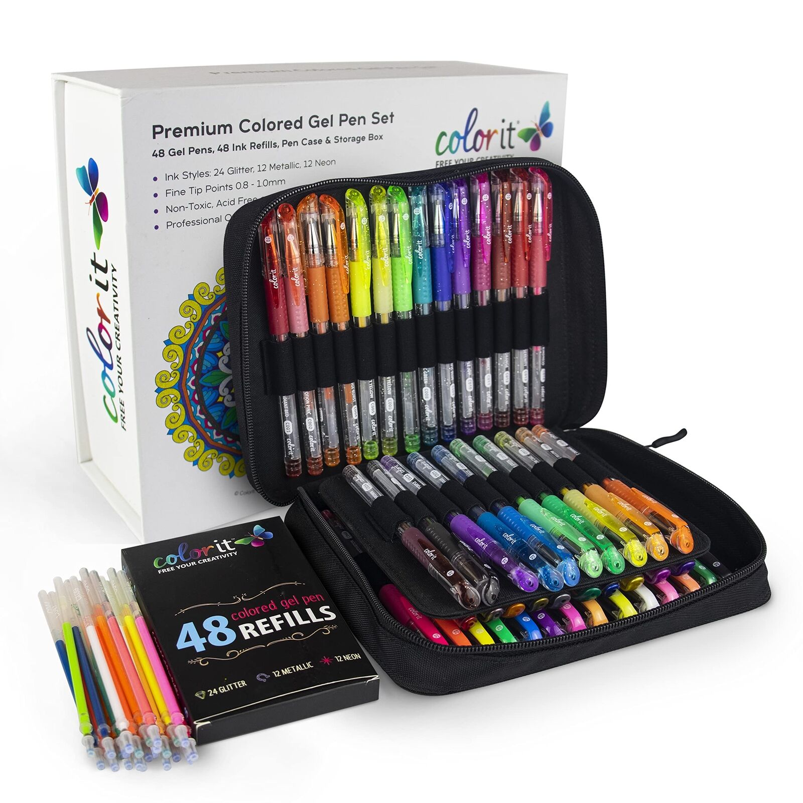ColorIt Glitter Gel Pens For Adult Coloring Books 96 Pack - 48 Premium Qualit...