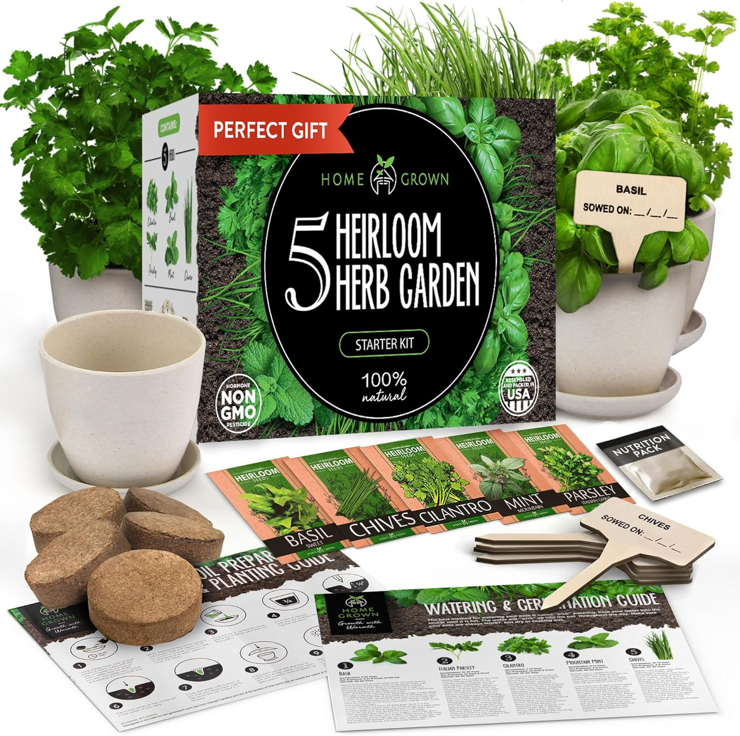 Indoor Herb Garden Starter Kit - Christmas Gift for Gardeners - Complete 5 Herb 
