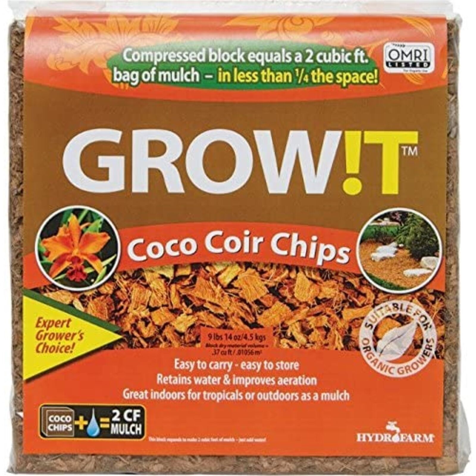 Hydrofarm (#JSCC2) Organic Coco Coir Planting Chips, Block - 9lb, 15oz
