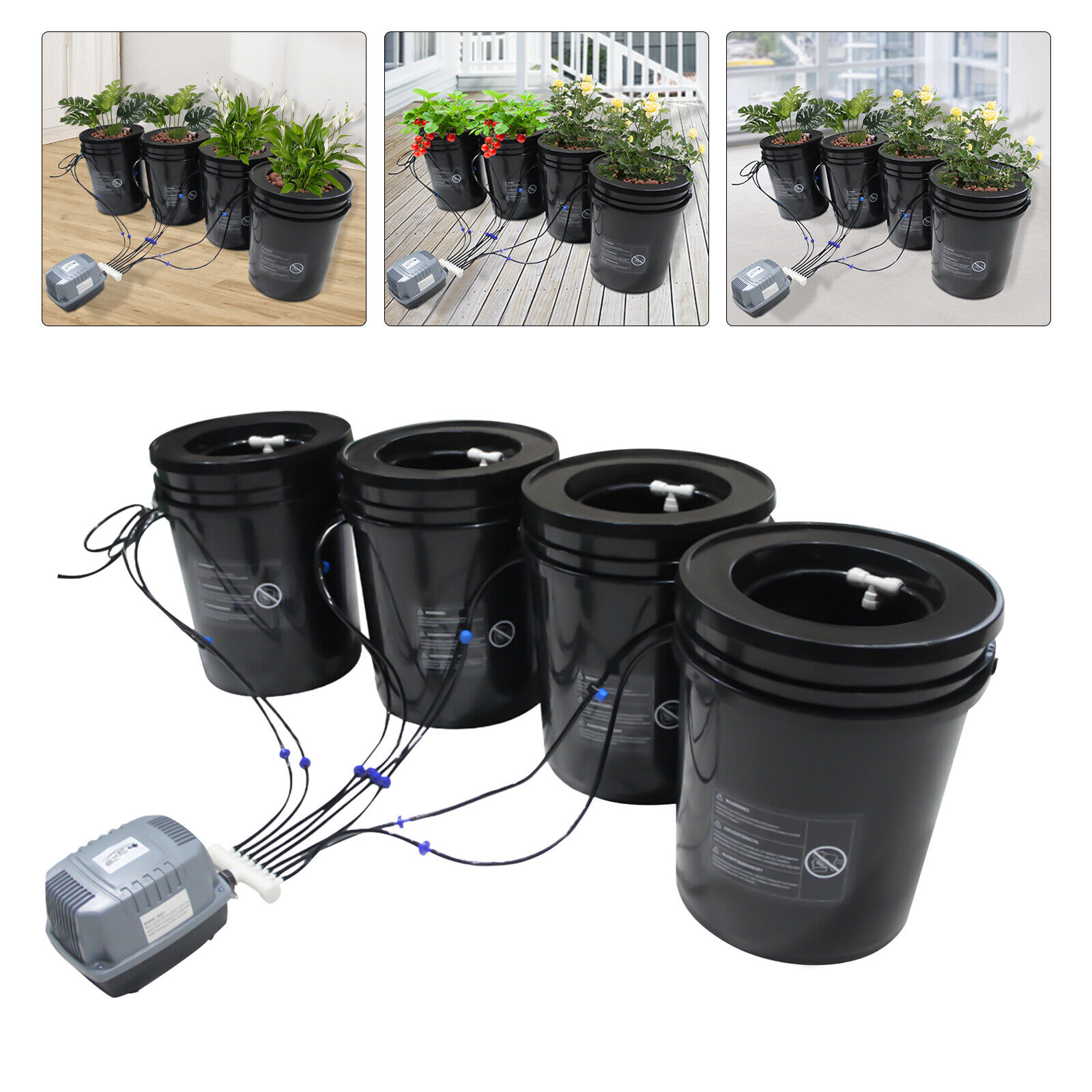 4 Bucket 5 Gal DWC Hydroponic Growing System w/ Top Drip Kit with Air Pump 15W
