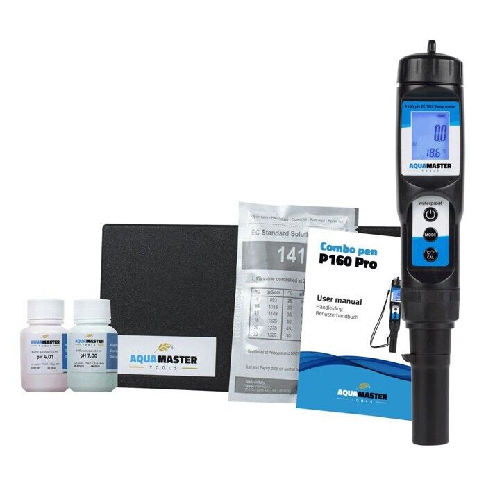 Aqua Master P160 Pro Combo Pen - PH, EC, PPM, TDS, Temperature WITH Solutions