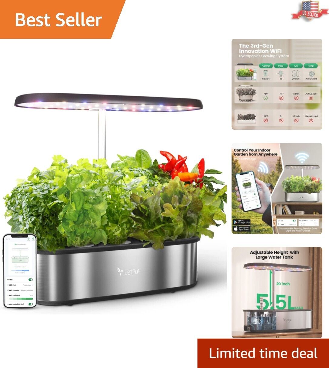Smart Hydroponic System - 12 Pods - LED Lighting - Fast Growth - App & WiFi