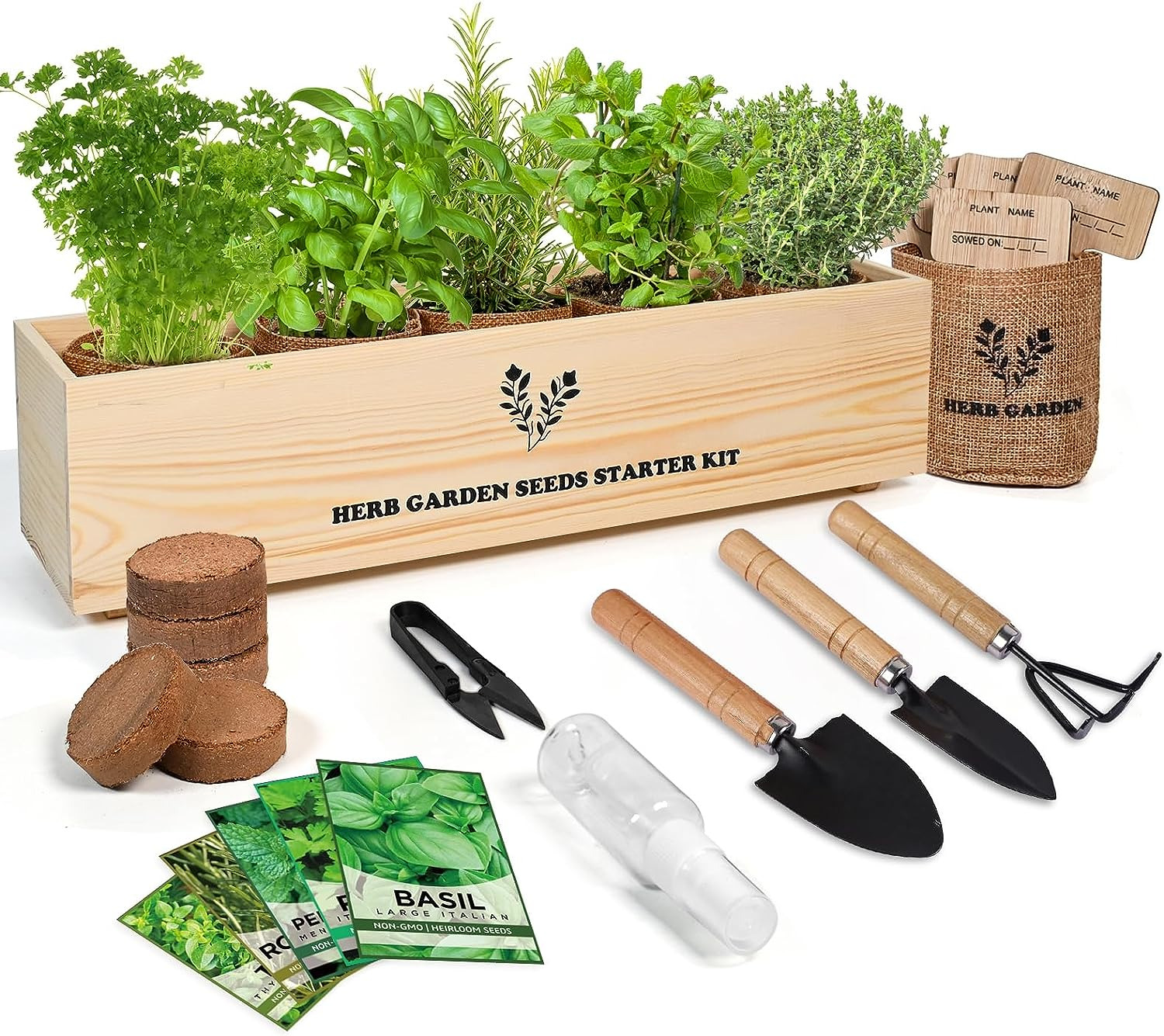Indoor Herb Grow Kit 5 Seeds with Wooden Flower Box