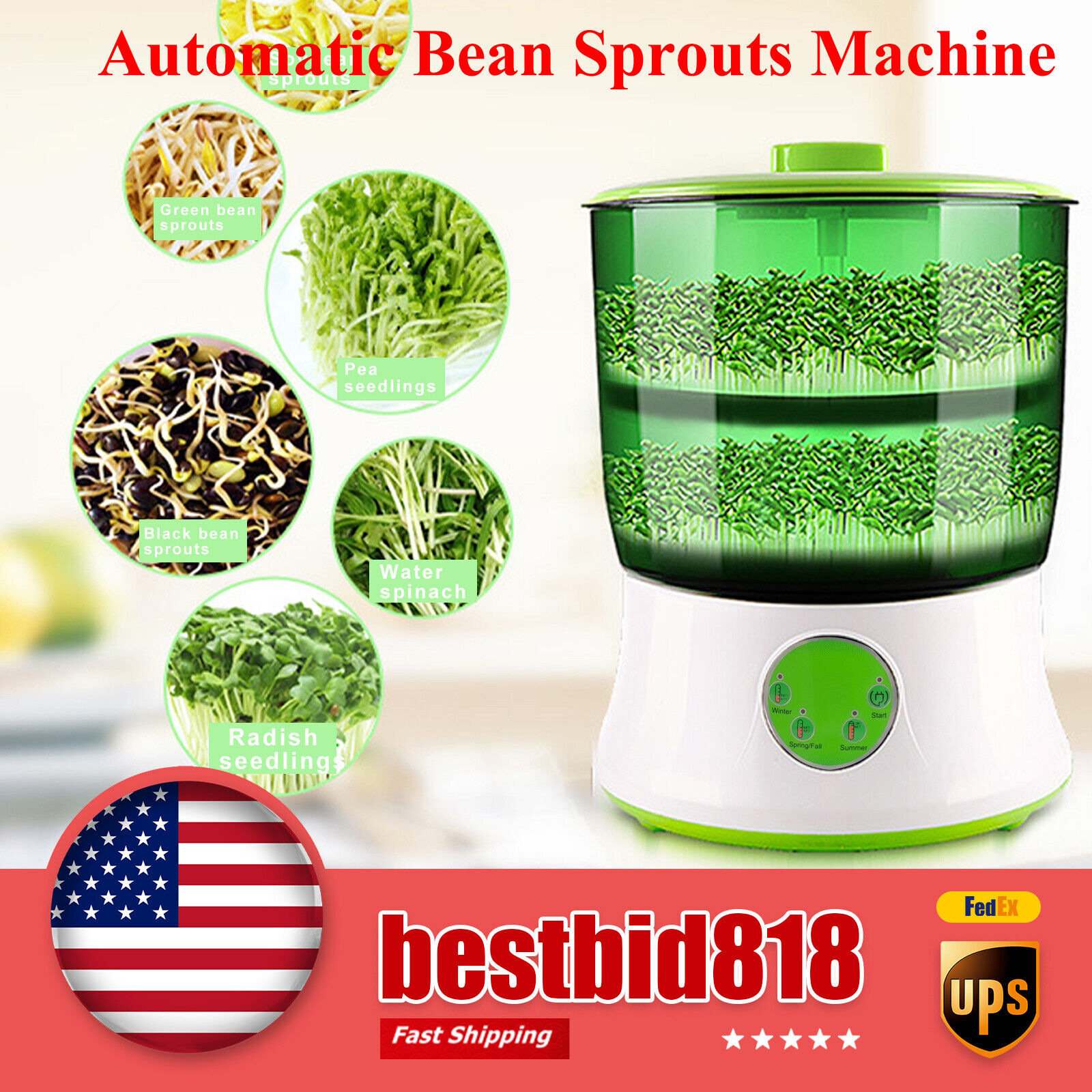 Automatic Bean Sprouts Machine Thermostat Seeds Growing Dual-Layer Bean Sprouter