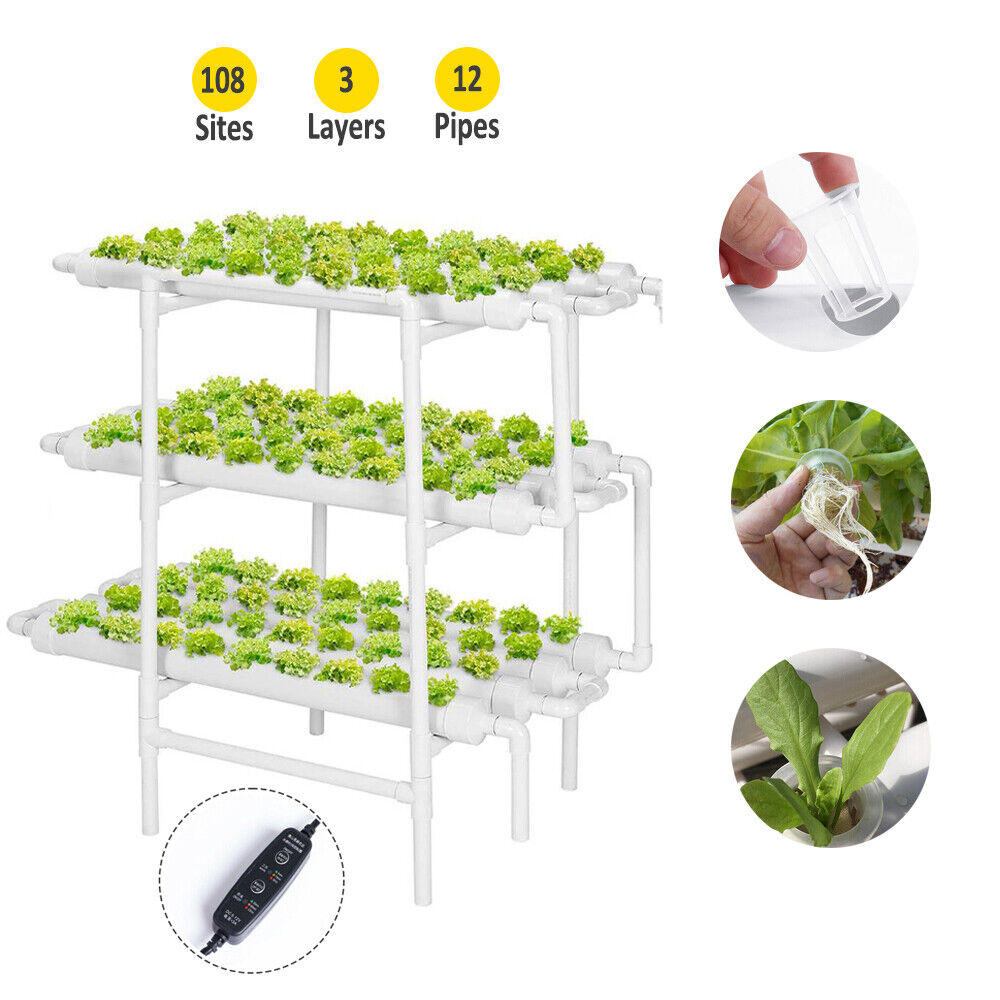 108 Plant Sites Hydroponics Growing System 3 Layers Planting Kit PVC w/ Timer